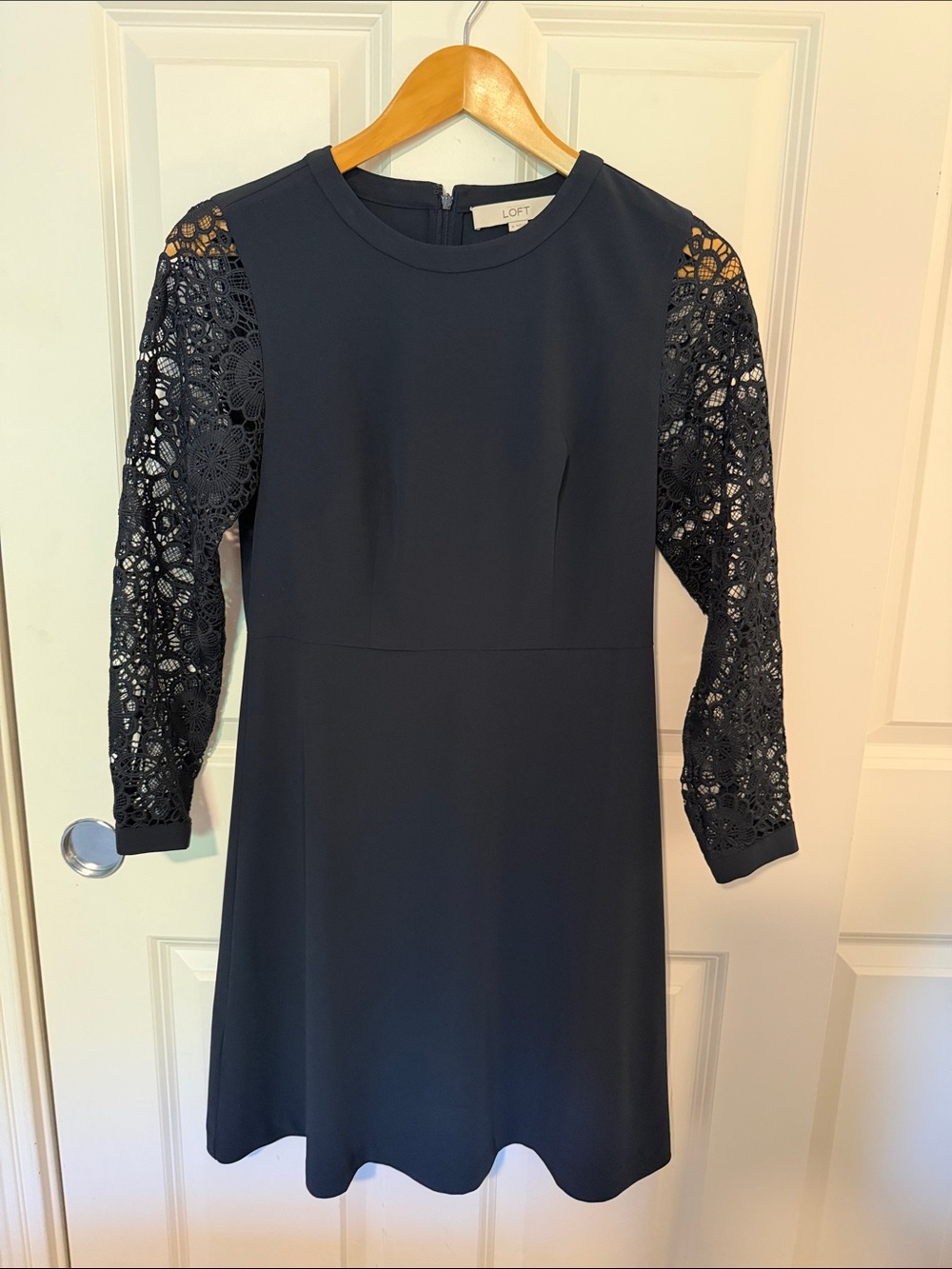 LOFT Navy Dress with Crochet Lace Long Sleeves